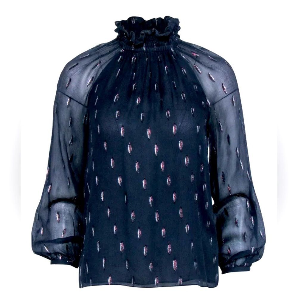 Rebecca Taylor Navy Blue Silk Blend Metallic Print Mock Neck Blouse Size 0